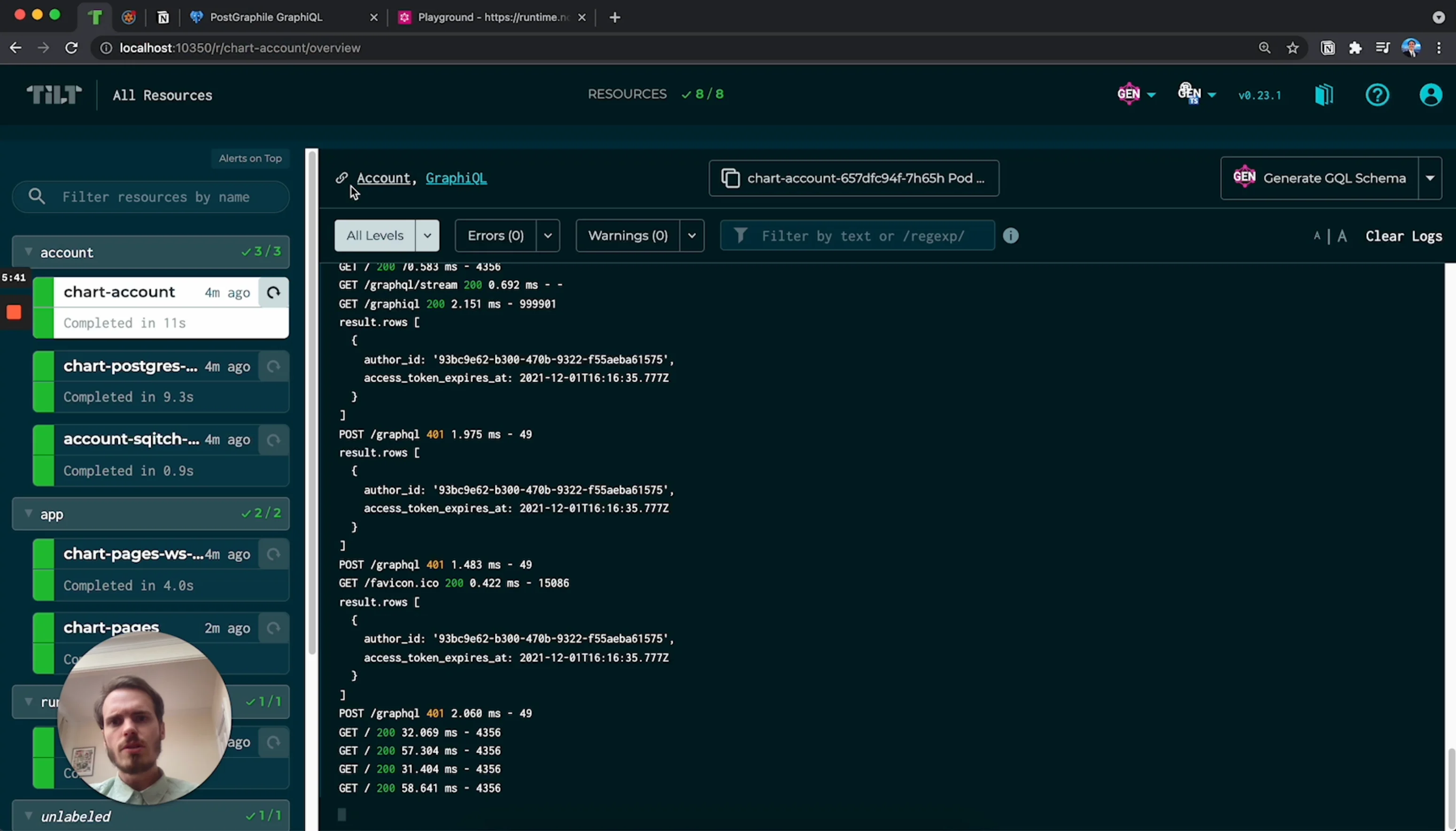 Tilt.dev Dashboard for both navigating k8s pod logs, locally formatted links, and code generation buttons. This dashboard and the entire platform can be launched locally with a simple tilt up.