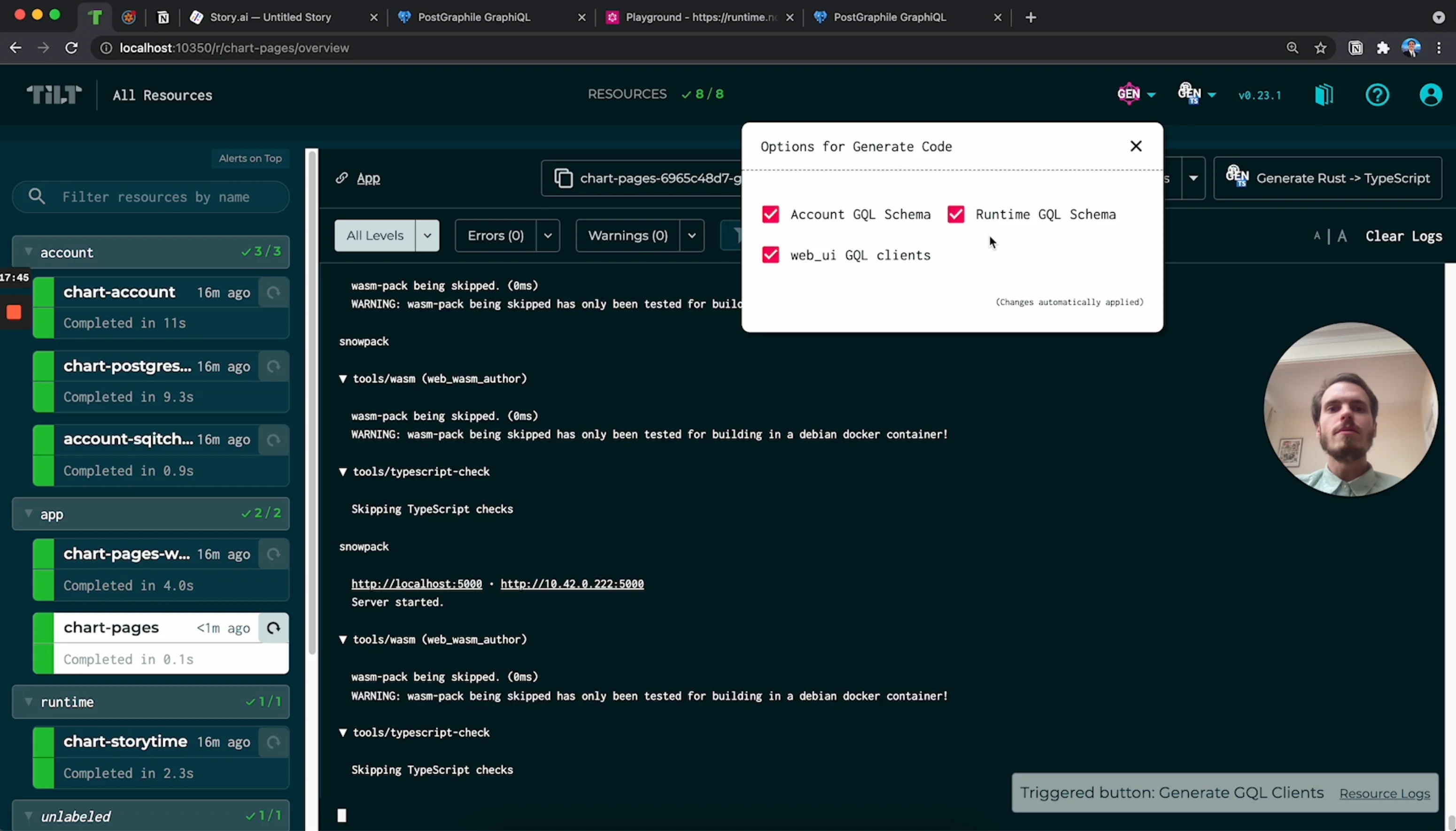 Tilt.dev Dashboard code generation buttons will go through Docker images, so dev tooling can all work within Docker containers, allowing us to use more specialized tools that might be harder to use in all operating systems.